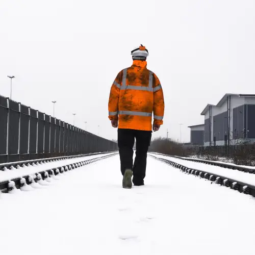 Arbeiter läuft im Schnee auf Betriebsgelände
